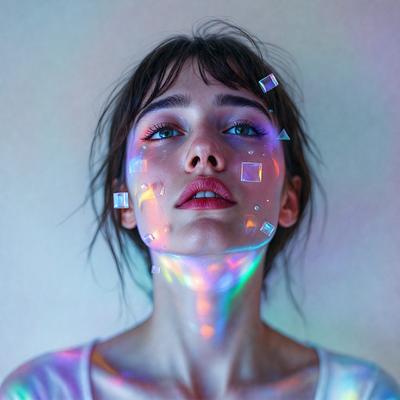 The primary subject of the image is a woman with a unique visual style. She is wearing a white shirt and has a colorful, glowing effect on her face, which appears to be a digital art or illustration. The setting is a plain background, and the visual style gives the image a futuristic and artistic appearance. The colors and mood of the image are vibrant and lively, with the woman's face being the main focus of the scene.